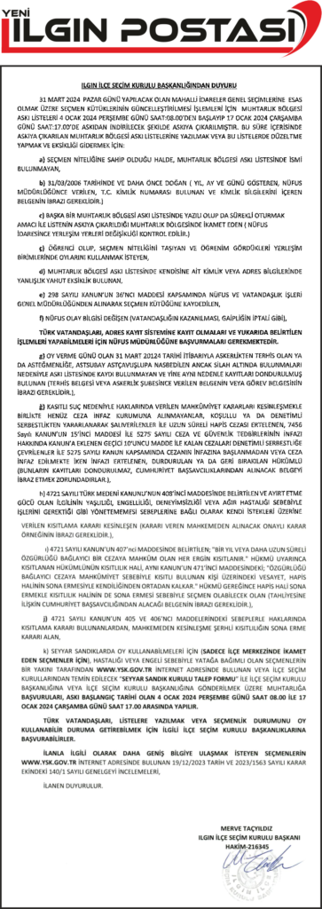 ILGIN İLÇE SEÇİM KURULU BAŞKANLIĞINDAN DUYURU