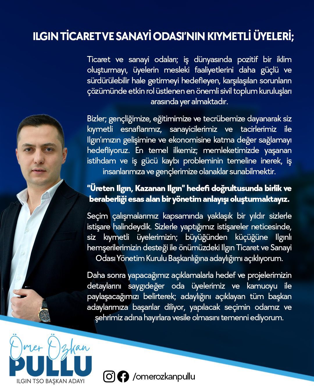 Ömer Özkan Pullu, Ilgın TSO Başkan Adaylığını Resmen Duyurdu